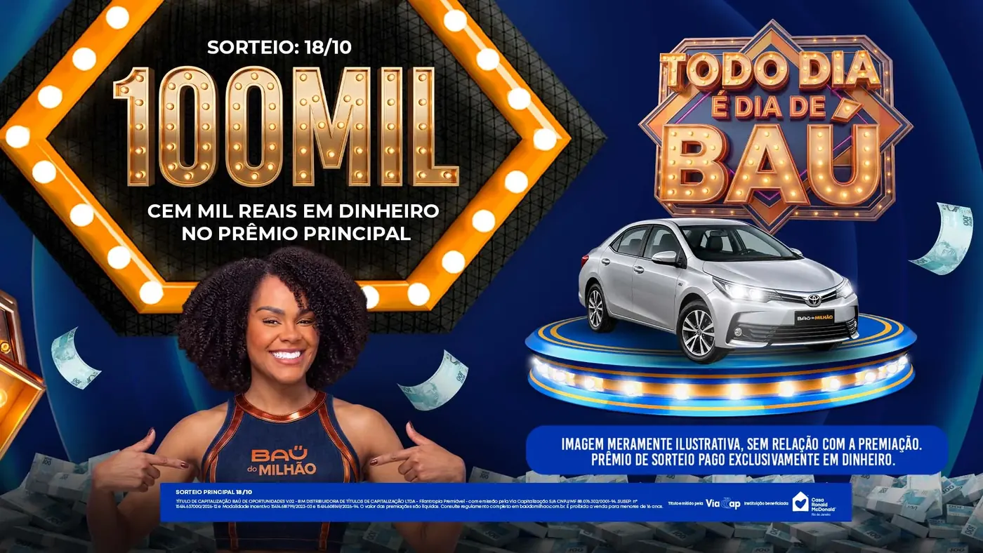 Criativo oficial Baú do Milhão: letreiro luminoso de R$ 100 mil ao lado de um automóvel prata sobre um pedestal iluminado.